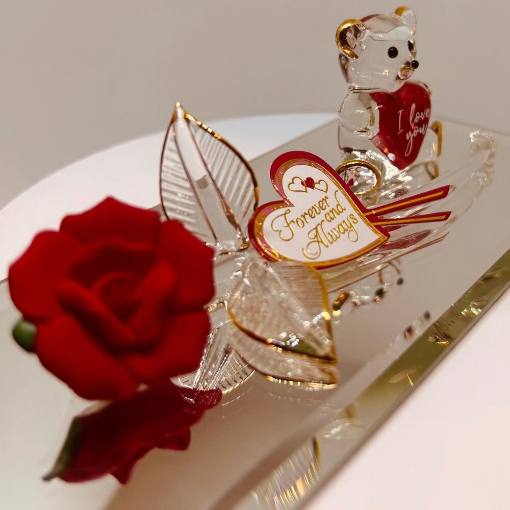 Glass Bear with Red Rose Figurine I Love You Gift Mirror Base